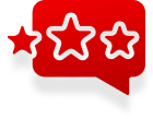 A red speech bubble icon with three black-outlined stars inside.