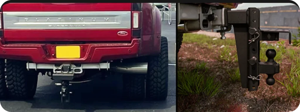 Close-up of a truck's rear end with a tow hitch on the left. On the right is a detailed view of a trailer hitch.