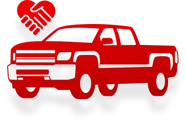 Red silhouette of a pickup truck with a heart-shaped design, formed by two clasped hands, floating above it.