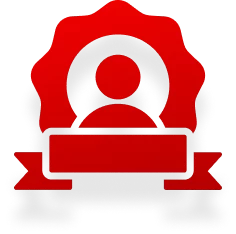 Red badge icon with a silhouette of a person in the center and a blank ribbon banner below.