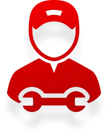 Red silhouette of a person wearing a hat, holding a wrench, representing a mechanic or technician.