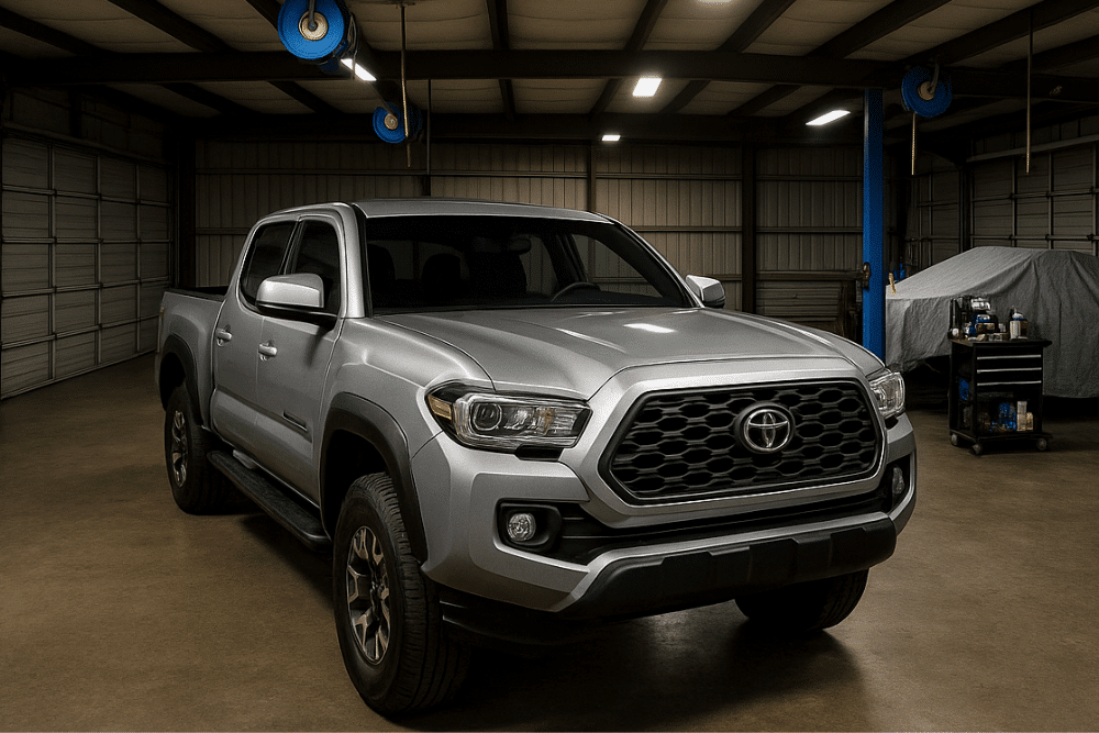 GM-Pattern 6-Lug Upgrade, Performance Upgrades and Customization Experts in Oak Ridge, TN at Bootlegger Industries. Image of a silver Toyota Tacoma inside a spacious auto repair shop.